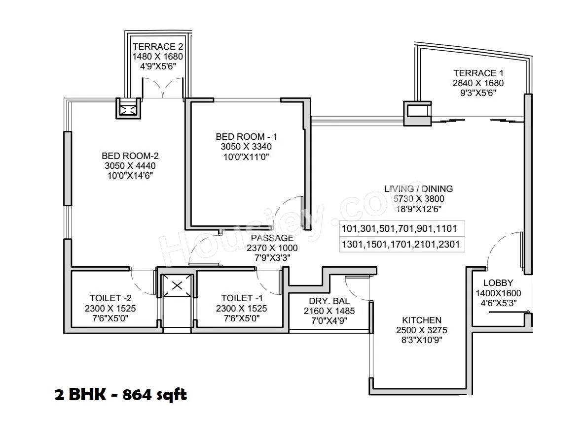 Pharande Puneville Phase 3 Unit plan - 864 sq.ft.