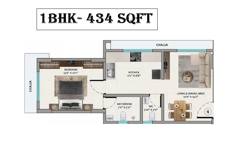 Poddar Venus Unit plan - 434 sq.ft.