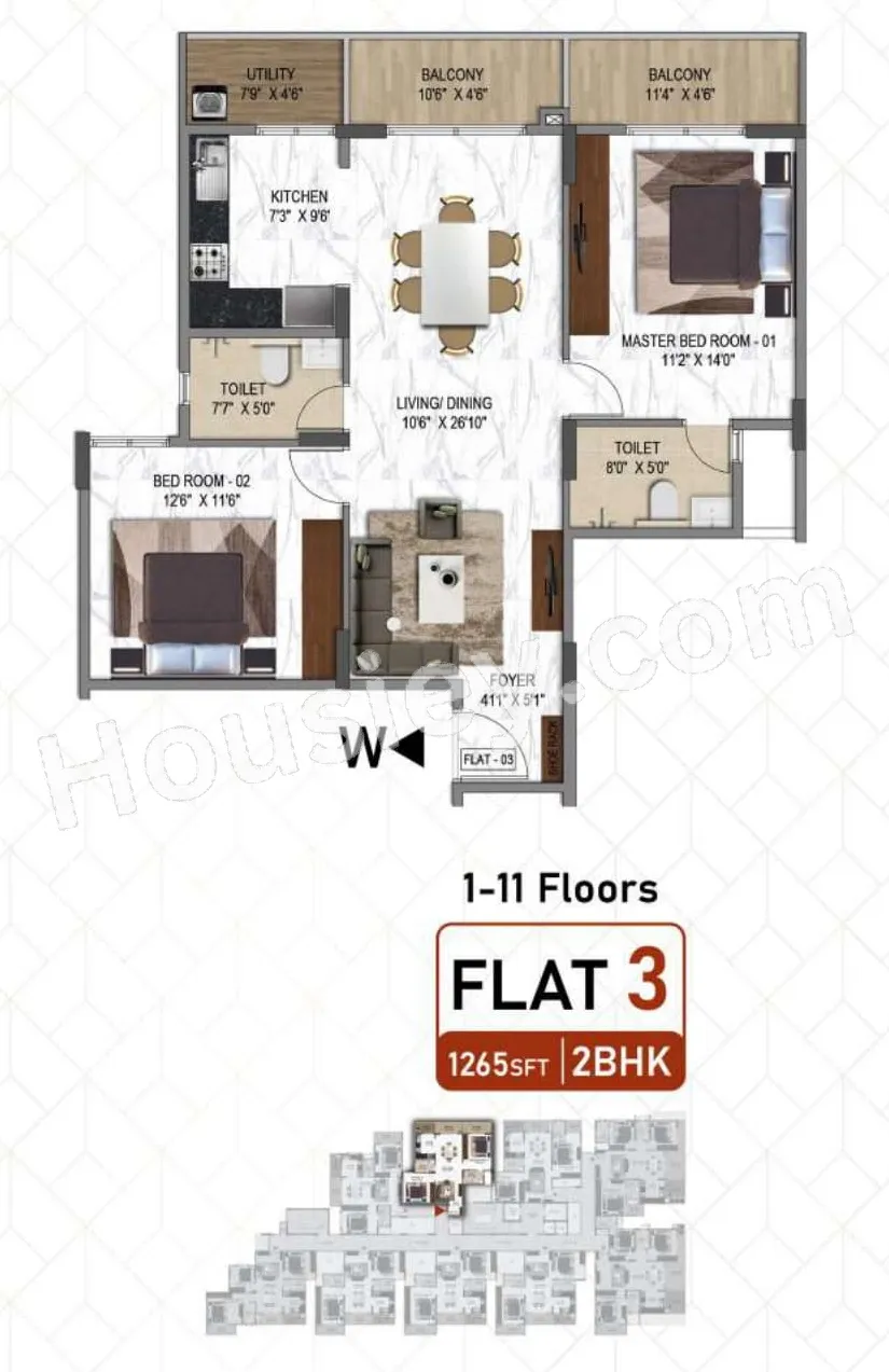 Poorvi Enchanting Unit plan - 822 sq.ft.