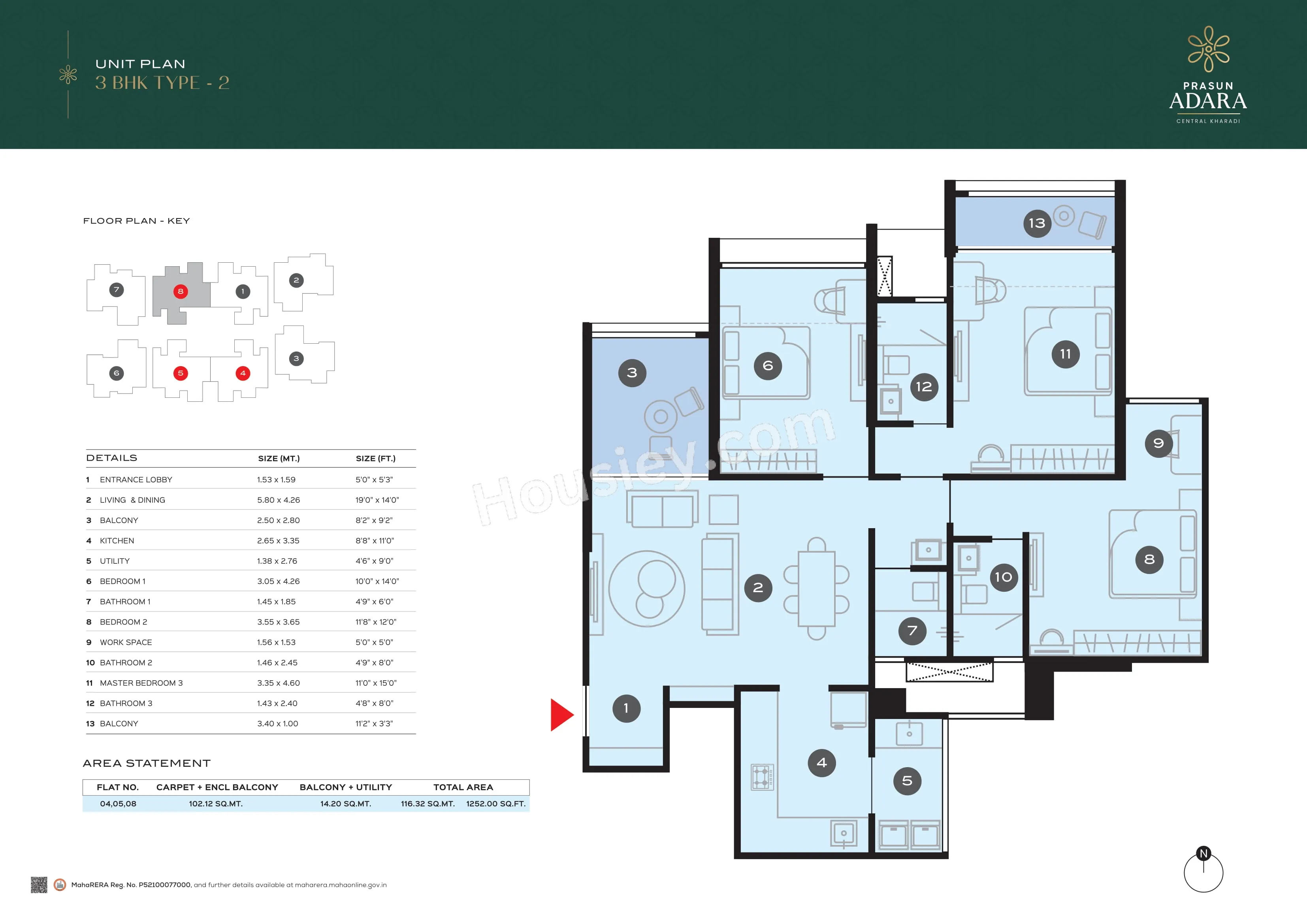 Prasun Adara Unit plan - 1252 sq.ft.
