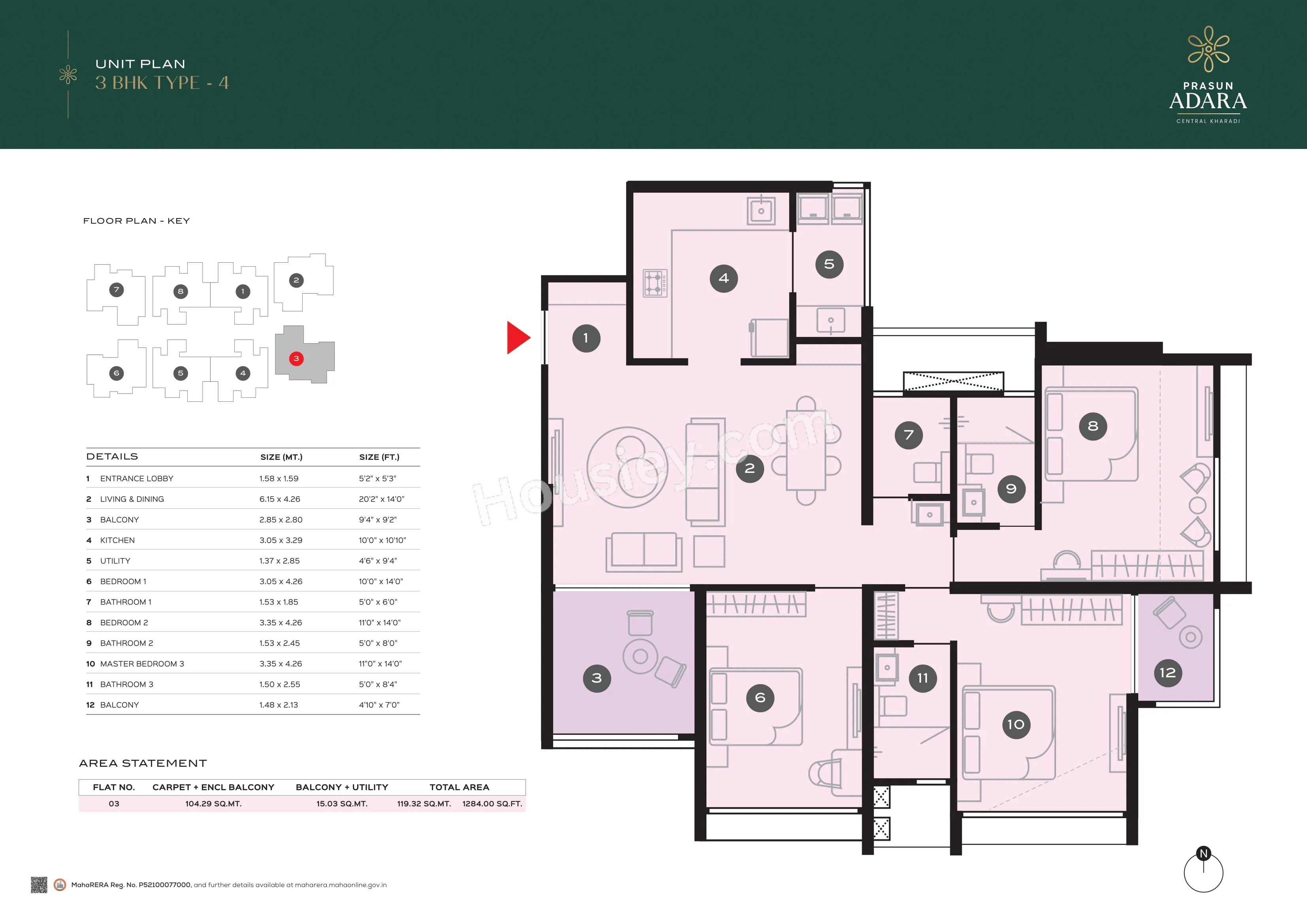 Prasun Adara Unit plan - 1284 sq.ft.