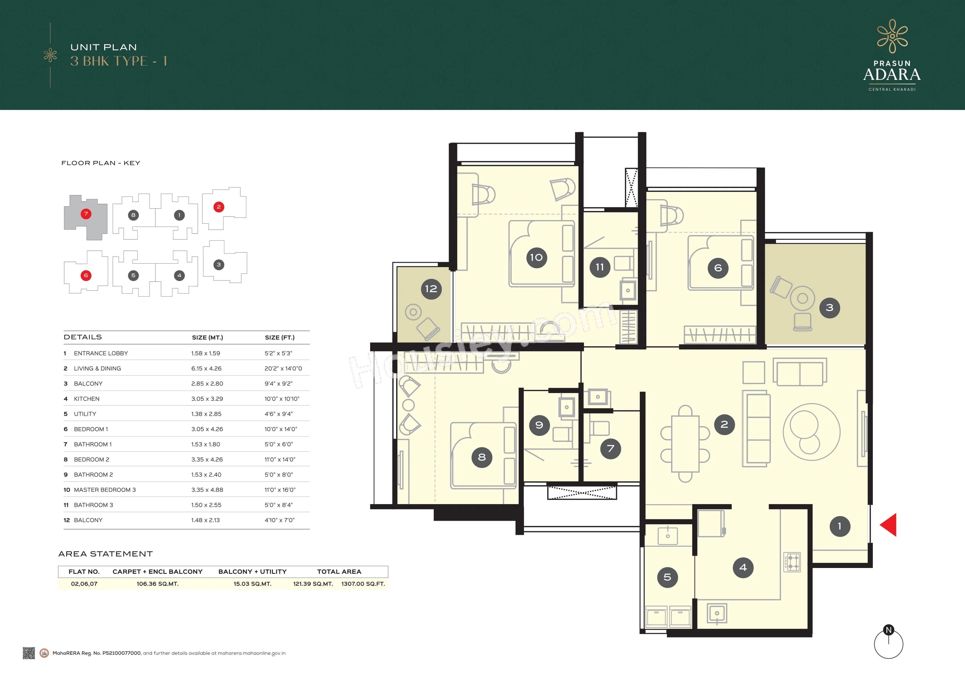Prasun Adara Unit plan - 1307 sq.ft.