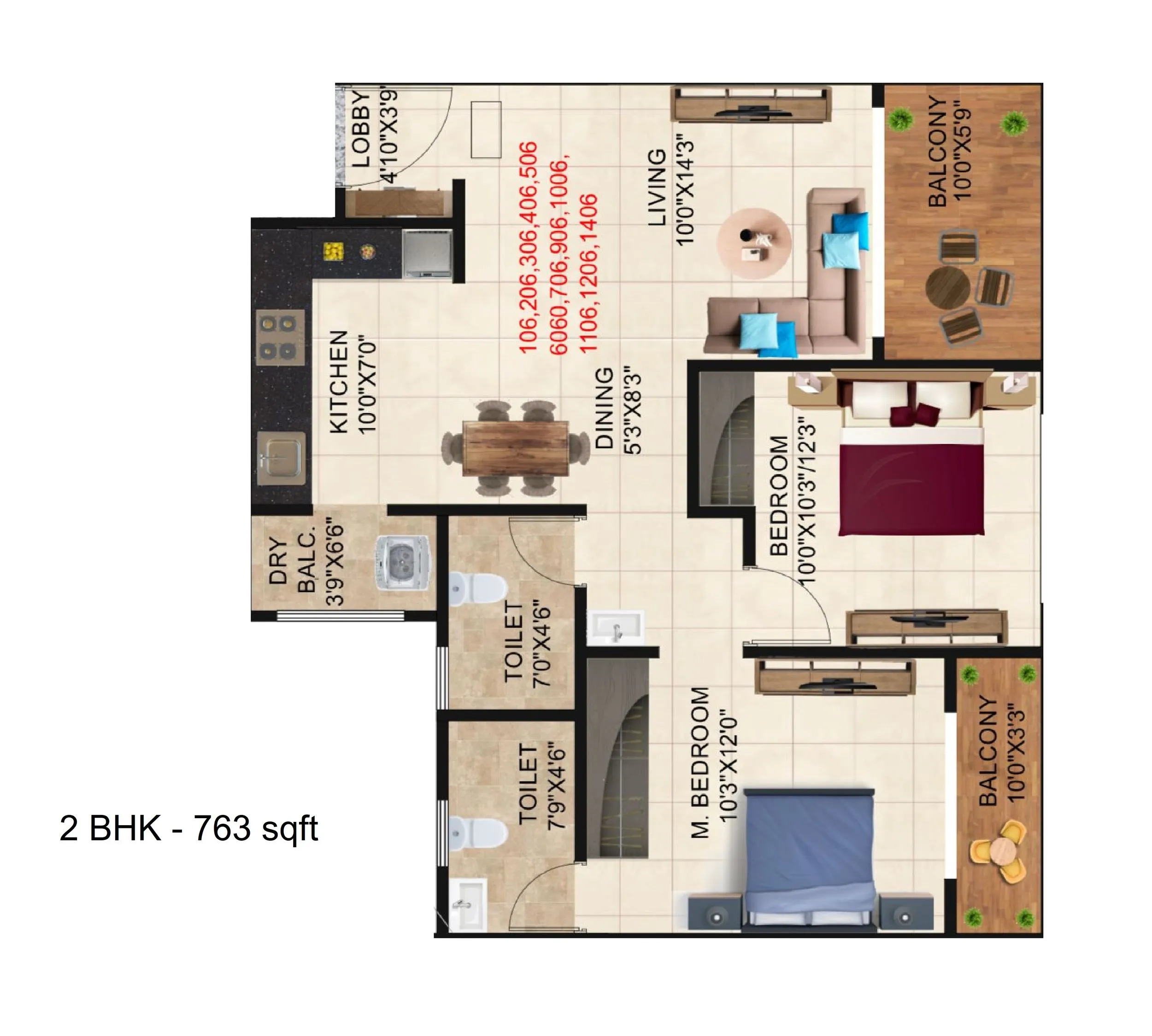 Prime Serenity Unit plan - 763 sq.ft.