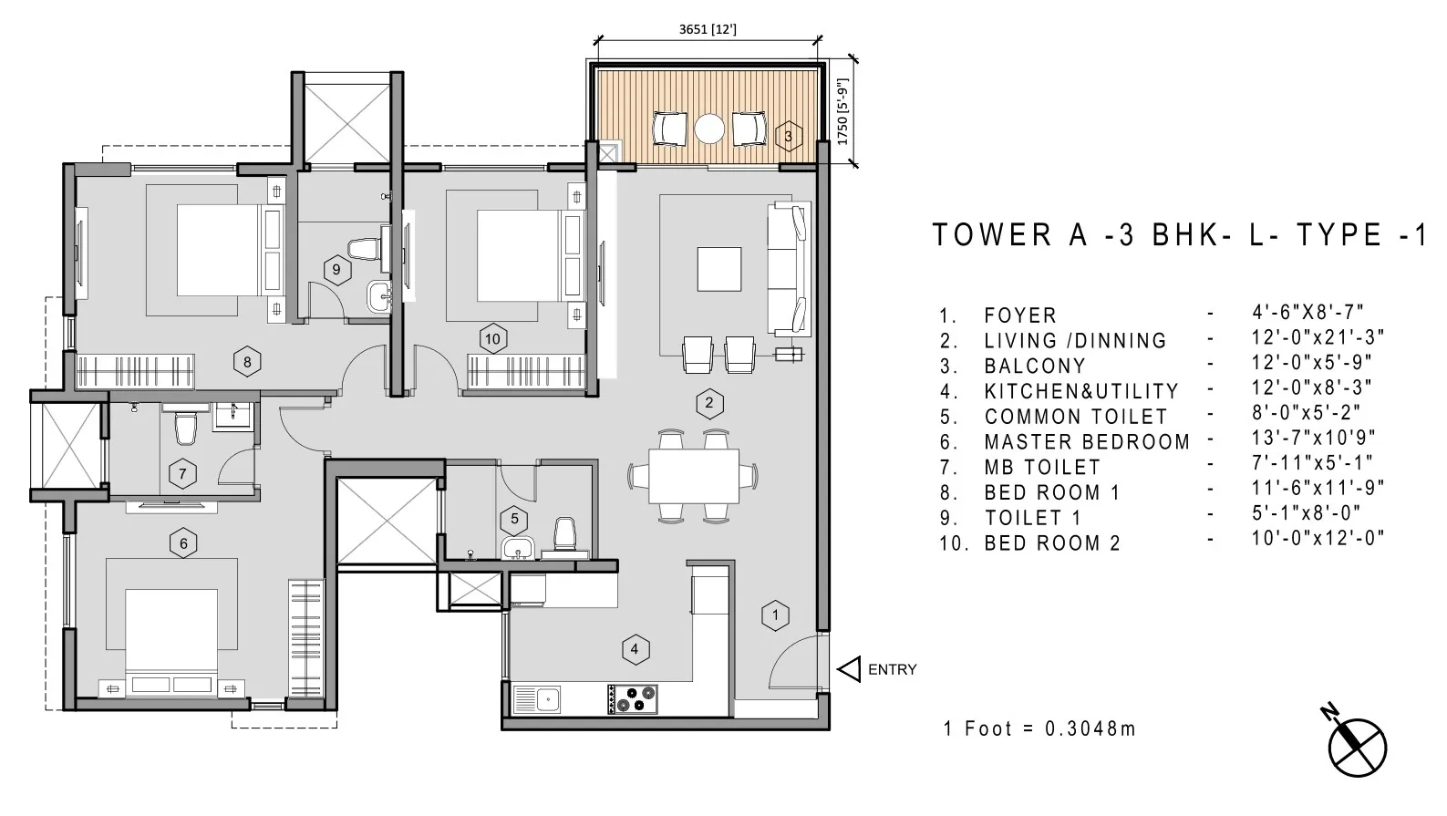 Purva Blubelle Unit plan - 1058 sq.ft.