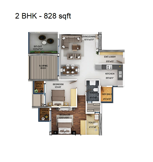 Purva Aspire Unit plan - 827 sq.ft.