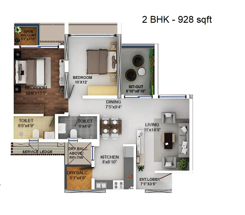 Purva Aspire Unit plan - 928 sq.ft.