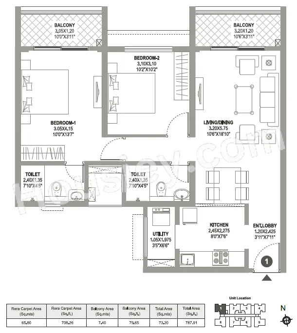 Raheja Sterling Unit plan - 787 sq.ft.