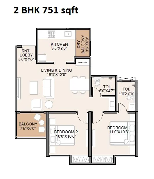 Rahul Downtown Unit plan - 751 sq.ft.