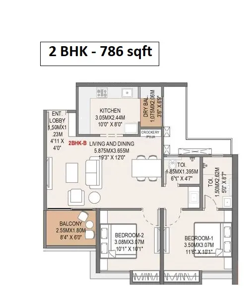 Rahul Downtown Unit plan - 786 sq.ft.