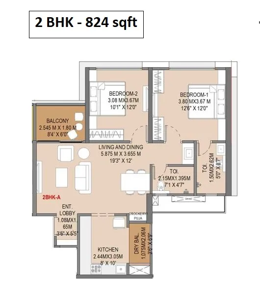 Rahul Downtown Unit plan - 824 sq.ft.