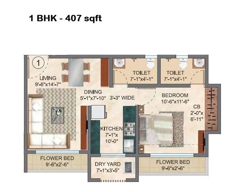 Raj Akshay Unit plan - 407 sq.ft.