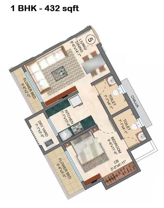 Raj Akshay Unit plan - 432 sq.ft.