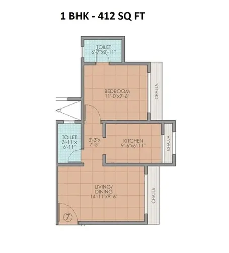 Raj Heritage 2 Unit plan - 412 sq.ft.