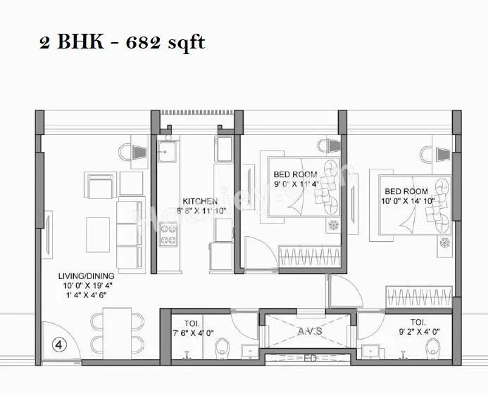Rajshree 11 East Unit plan - 682 sq.ft.