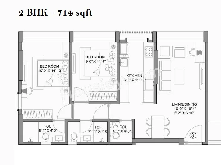 Rajshree 11 East Unit plan - 714 sq.ft.