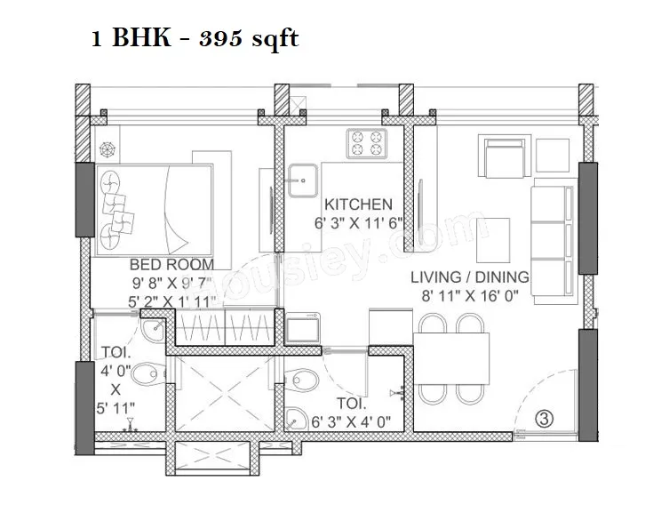 Rajshree 55 East Unit plan - 395 sq.ft.