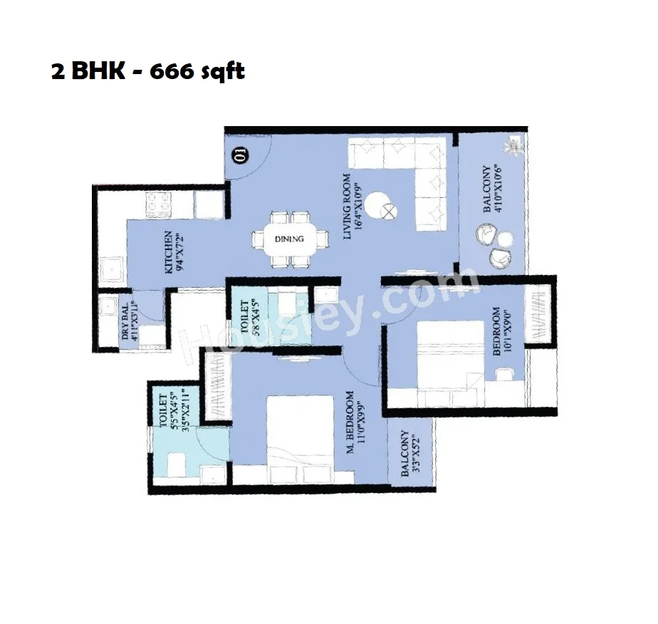 Rama Krystal One Unit plan - 666 sq.ft.