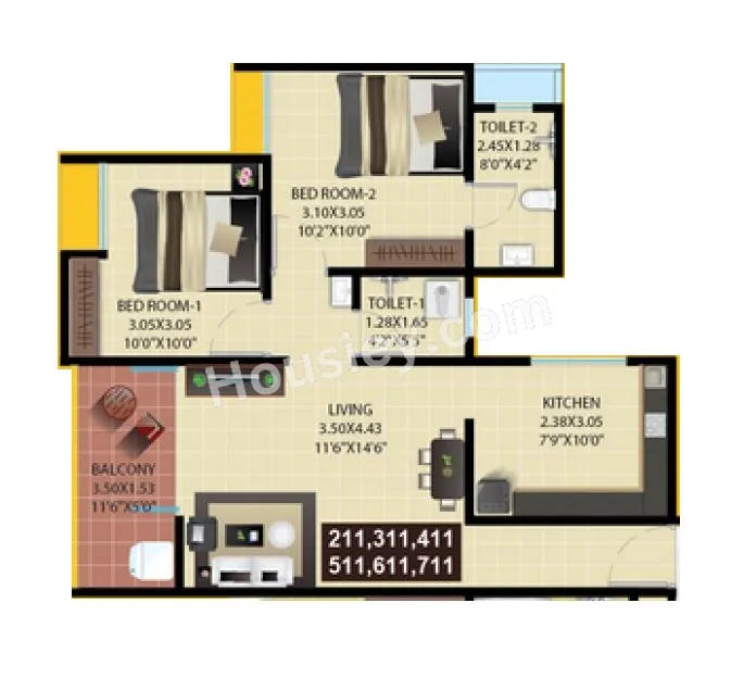 Rameshwar Yashobhoomi Phase 2 Unit plan - 637 sq.ft.