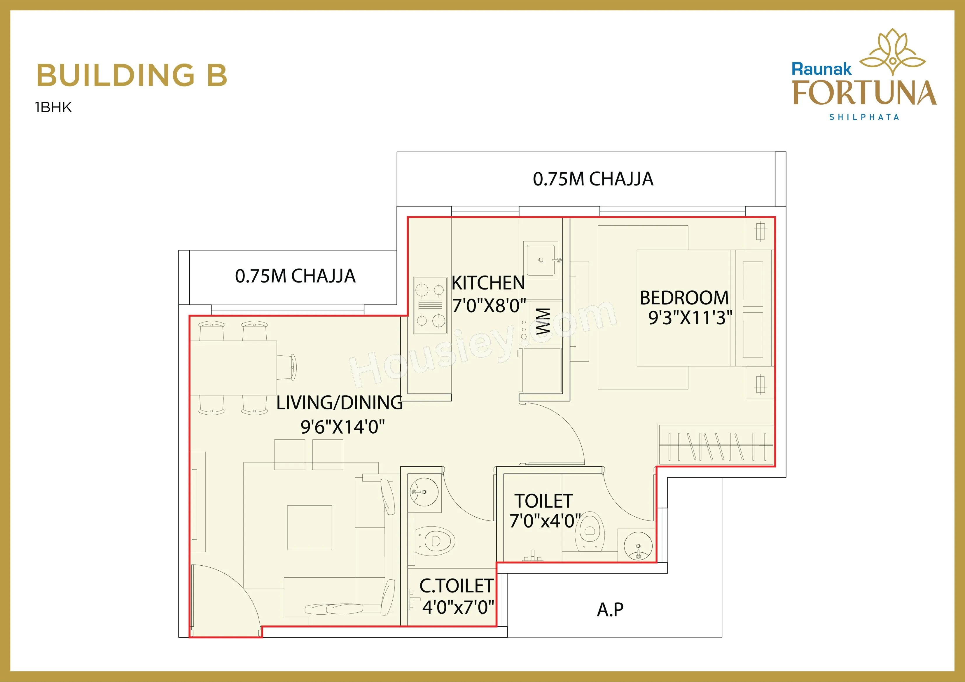 Raunak Fortuna Unit plan - 386 sq.ft.