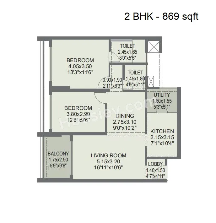 Rohan EKAM Unit plan - 869 sq.ft.