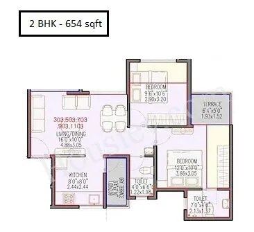 Rose Gardenia Unit plan - 654 sq.ft.