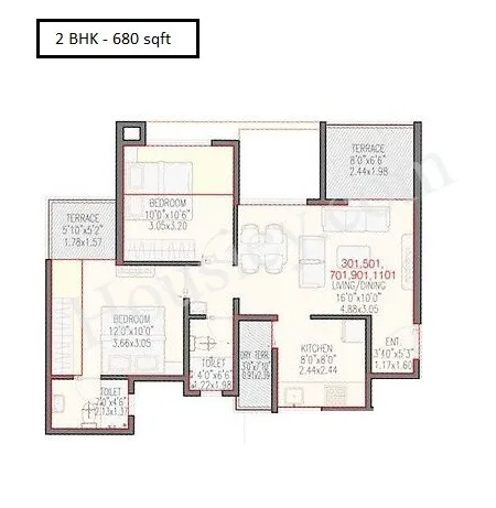 Rose Gardenia Unit plan - 680 sq.ft.