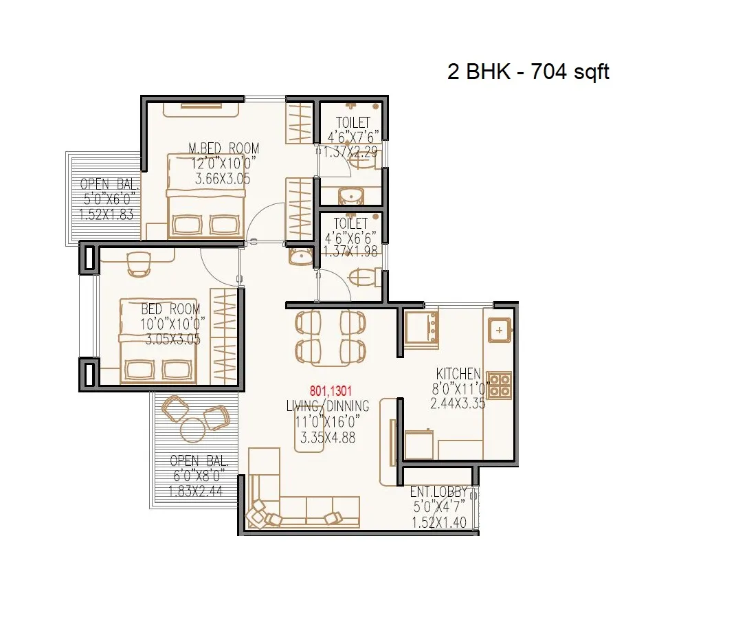 Rose Gardenia Unit plan - 704 sq.ft.