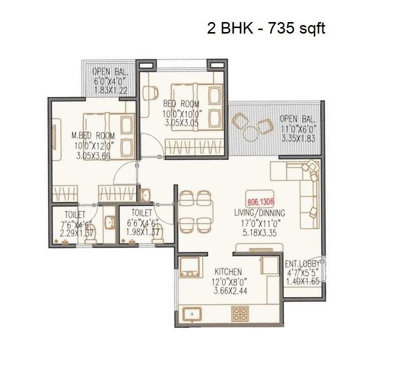 Rose Gardenia Unit plan - 735 sq.ft.