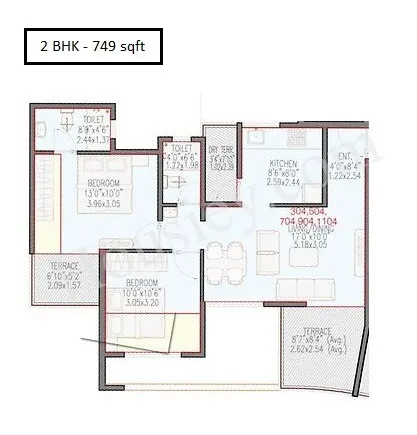 Rose Gardenia Unit plan - 749 sq.ft.