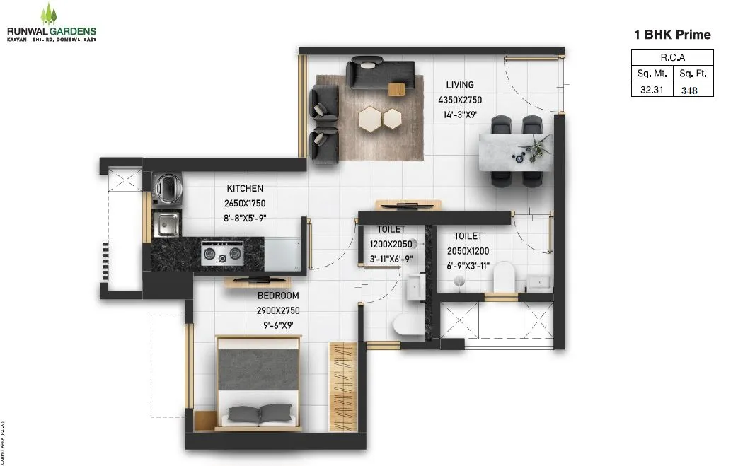 Runwal Garden Phase 5 Unit plan - 348 sq.ft.