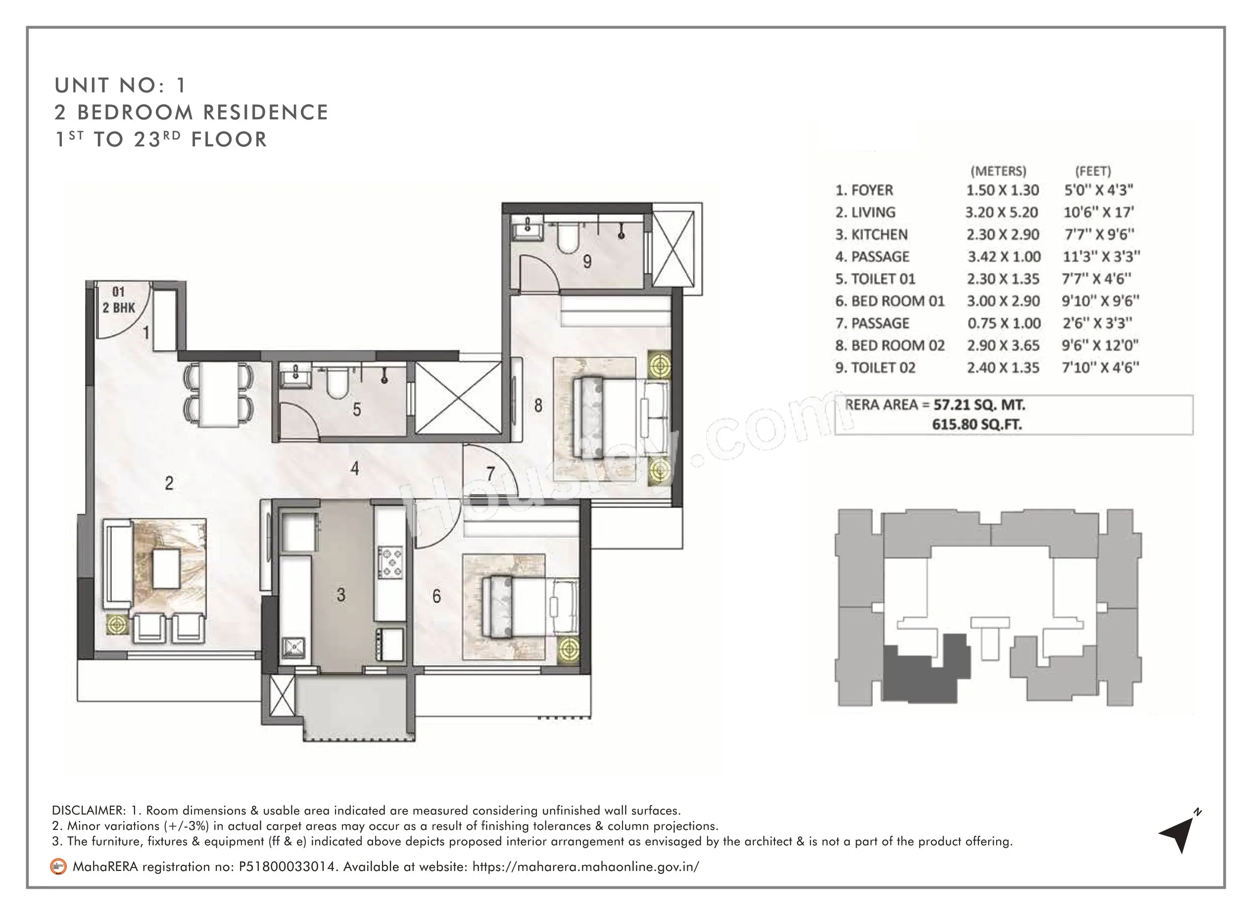 Rustomjee Erika Unit plan - 615 sq.ft.