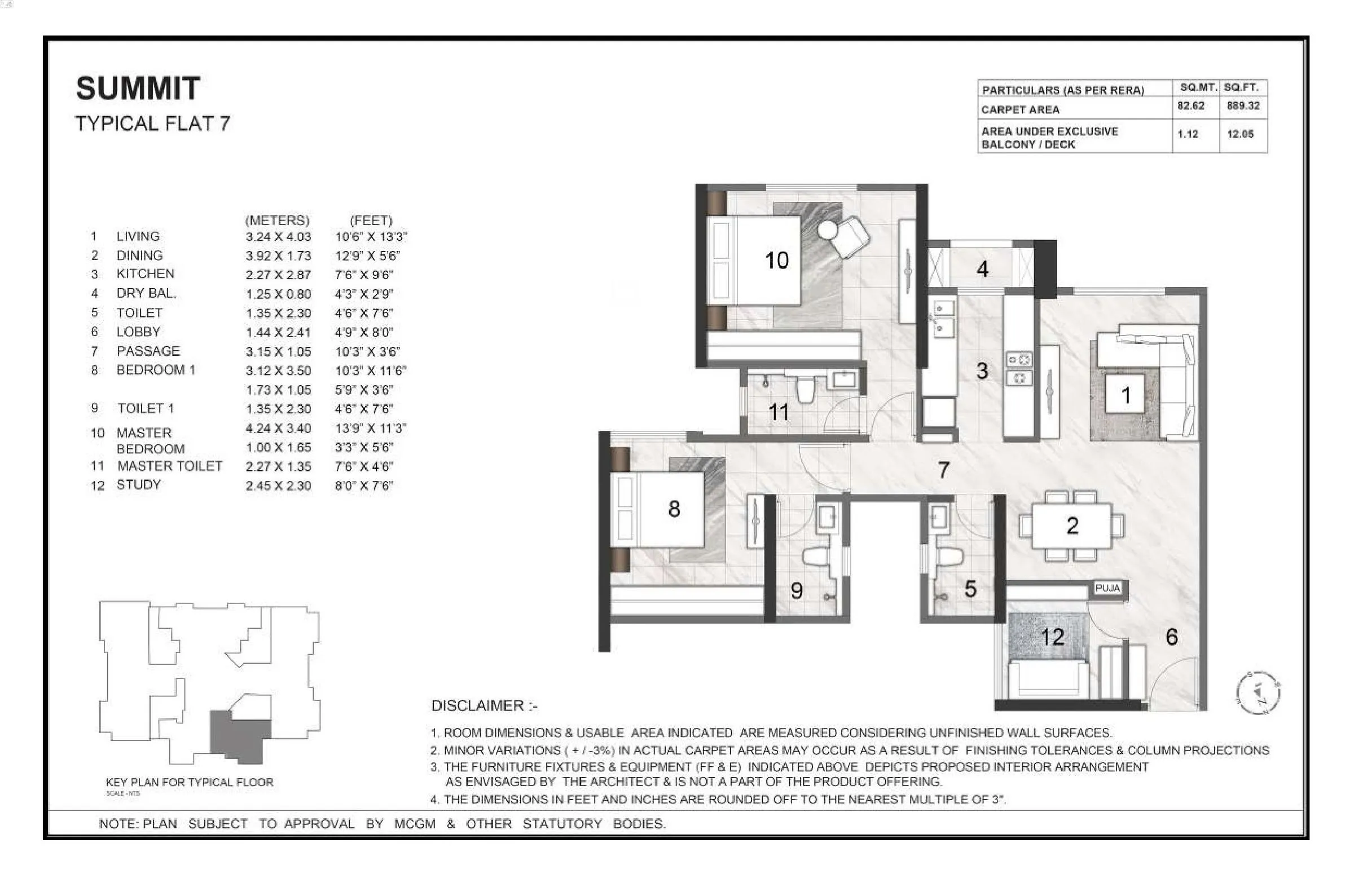 Rustomjee Summit Unit plan - 889 sq.ft.