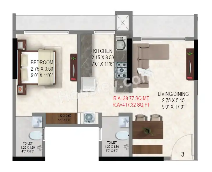 Sahakar Vista Unit plan - 417 sq.ft.