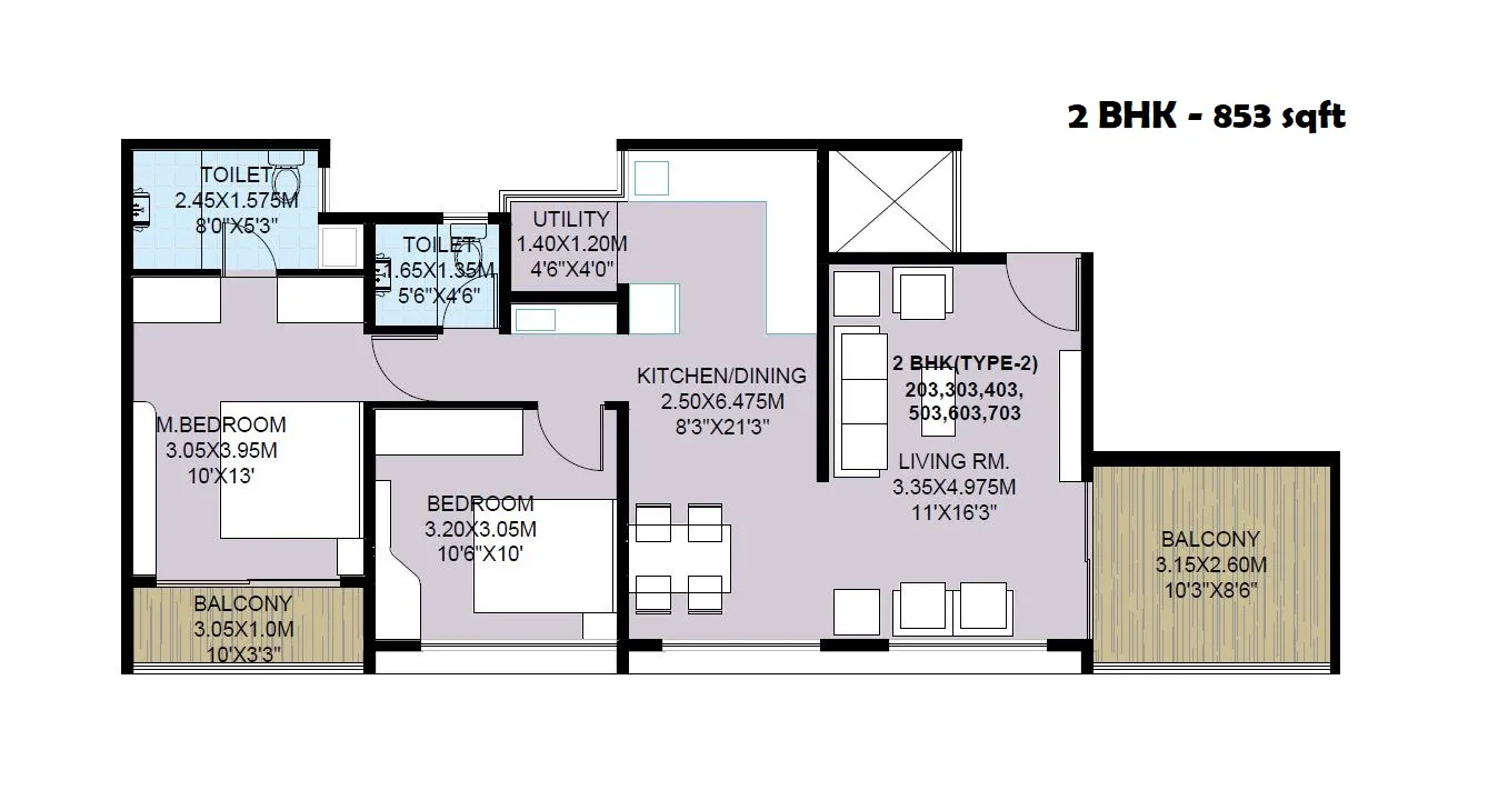 WJV Sai Aura Unit plan - 883 sq.ft.