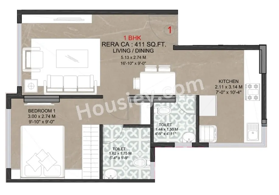Sayba Arcadia Unit plan - 411 sq.ft.