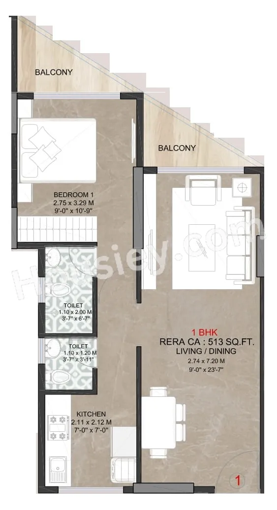 Sayba Arcadia Unit plan - 513 sq.ft.