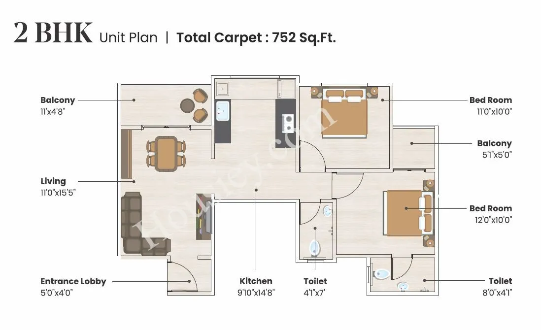Sentosa Ekam Unit plan - 752 sq.ft.