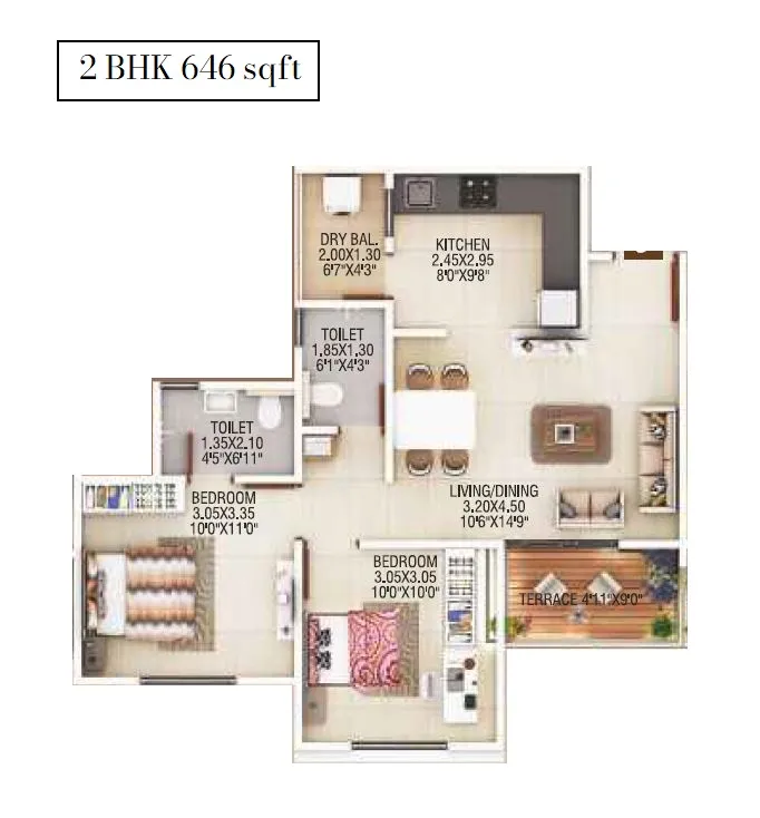 Shaligram Pavilia Unit plan - 646 sq.ft.