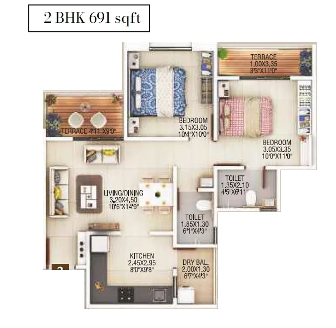Shaligram Pavilia Unit plan - 691 sq.ft.