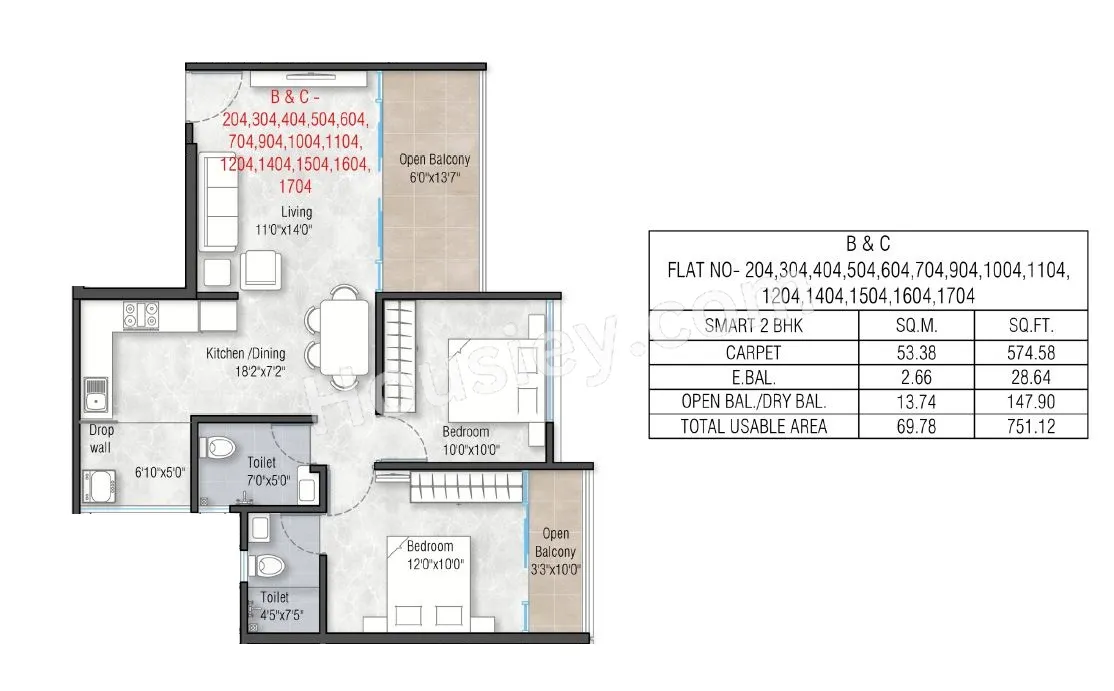 Shaligram Sky Unit plan - 751 sq.ft.
