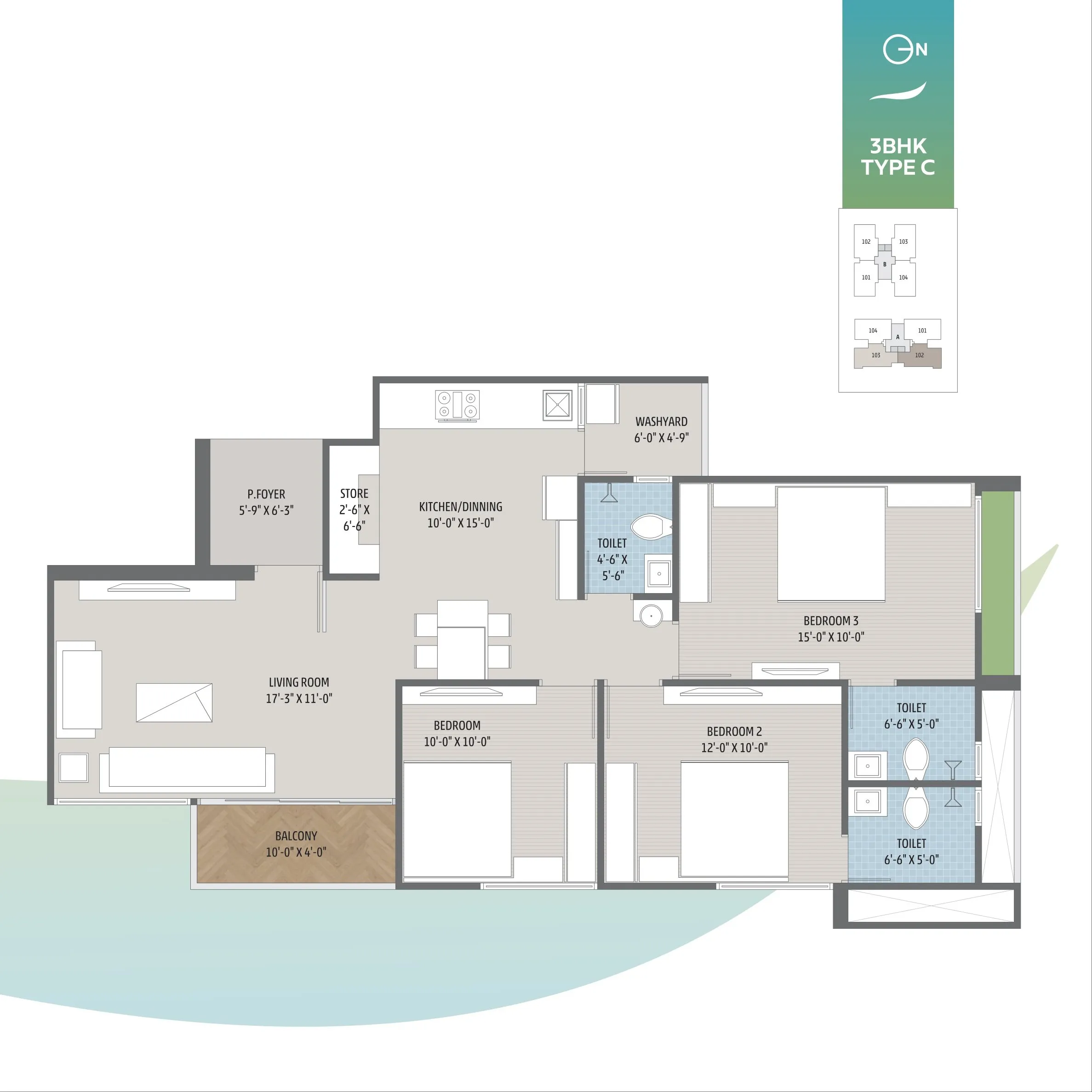 Shreehari Skyleaf Unit plan - 1311 sq.ft.