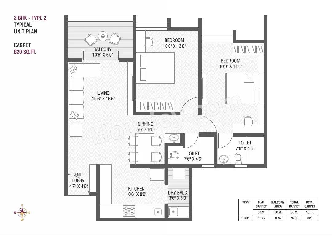 Shriram Divine Garden Unit plan - 820 sq.ft.