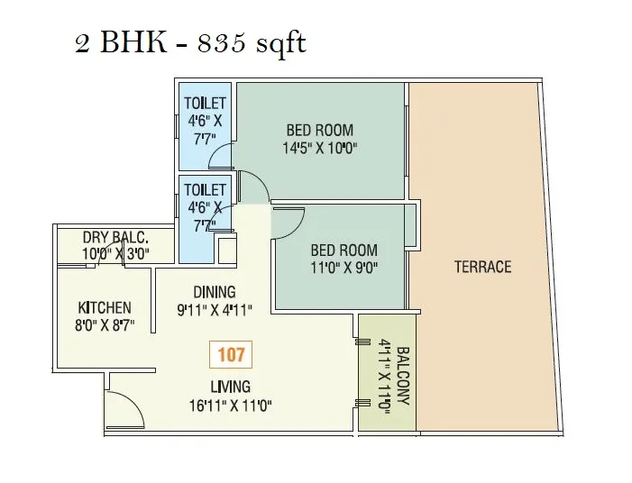 Shriram Nysa Unit plan - 835 sq.ft.