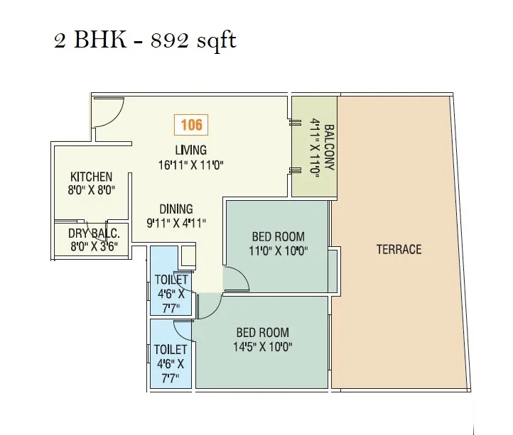 Shriram Nysa Unit plan - 892 sq.ft.