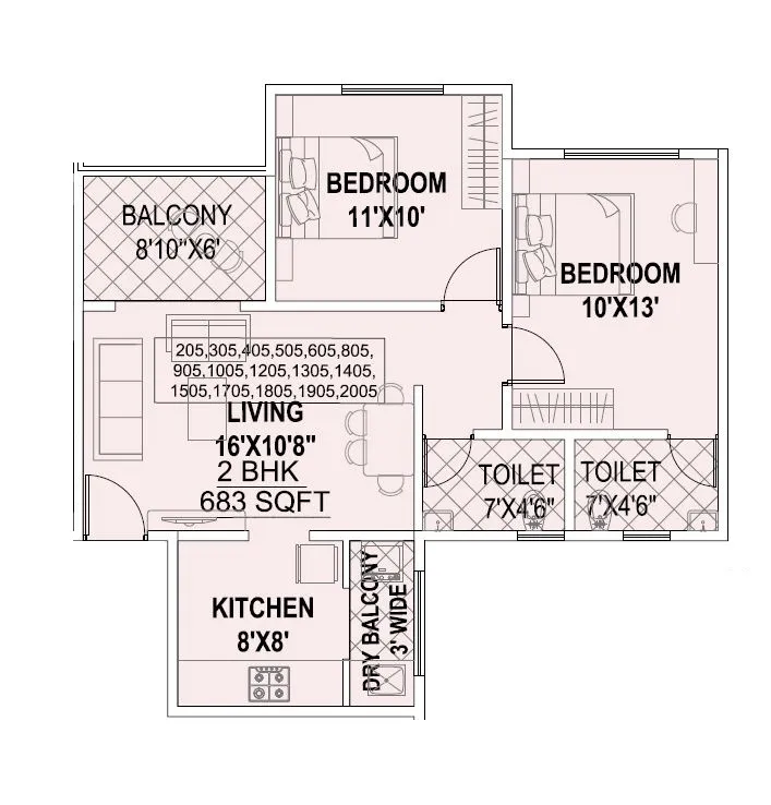 Silver Gardenia Unit plan - 683 sq.ft.