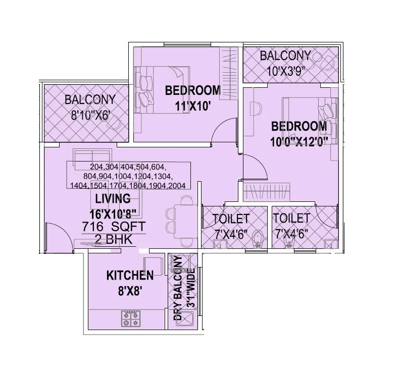 Silver Gardenia Unit plan - 716 sq.ft.