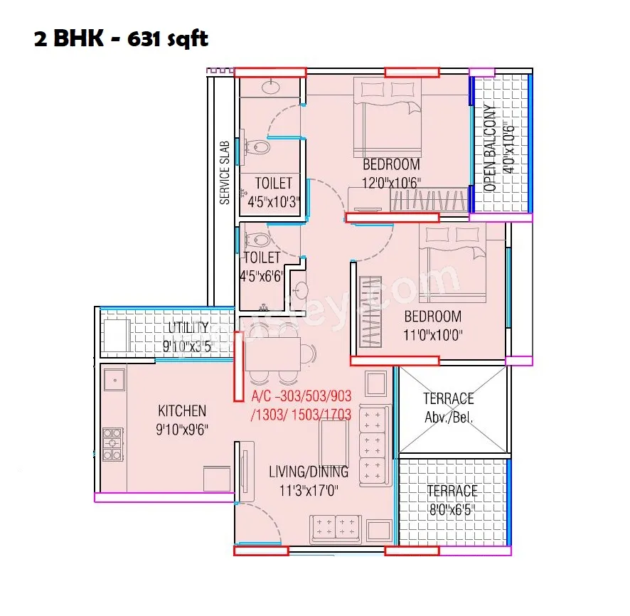 Rohan Silver Gracia Unit plan - 631 sq.ft.