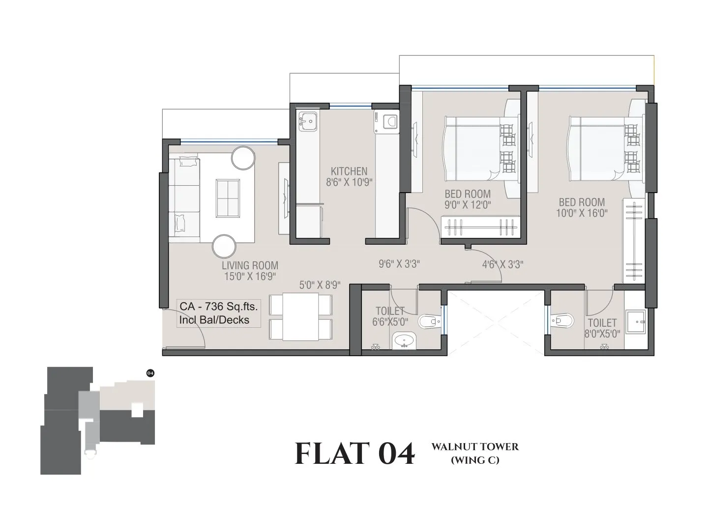 Smgk Woods Platina Walnut Unit plan - 736 sq.ft.