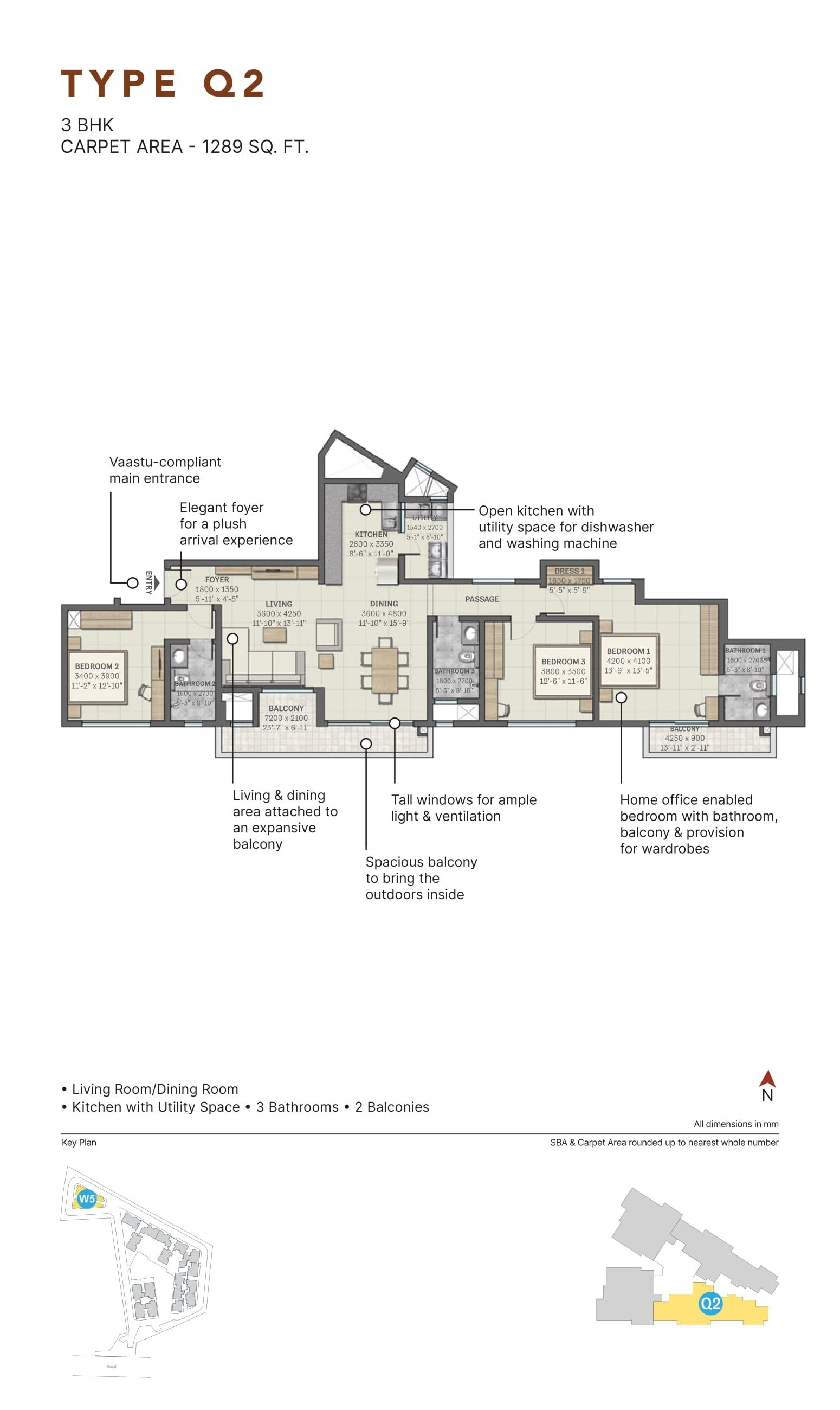 Sobha Infinia Phase II Unit plan - 1289 sq.ft.