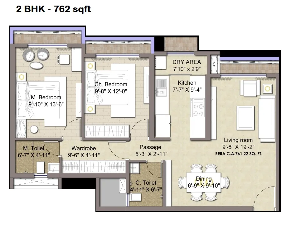 Sonam Mira Crest Unit plan - 762 sq.ft.